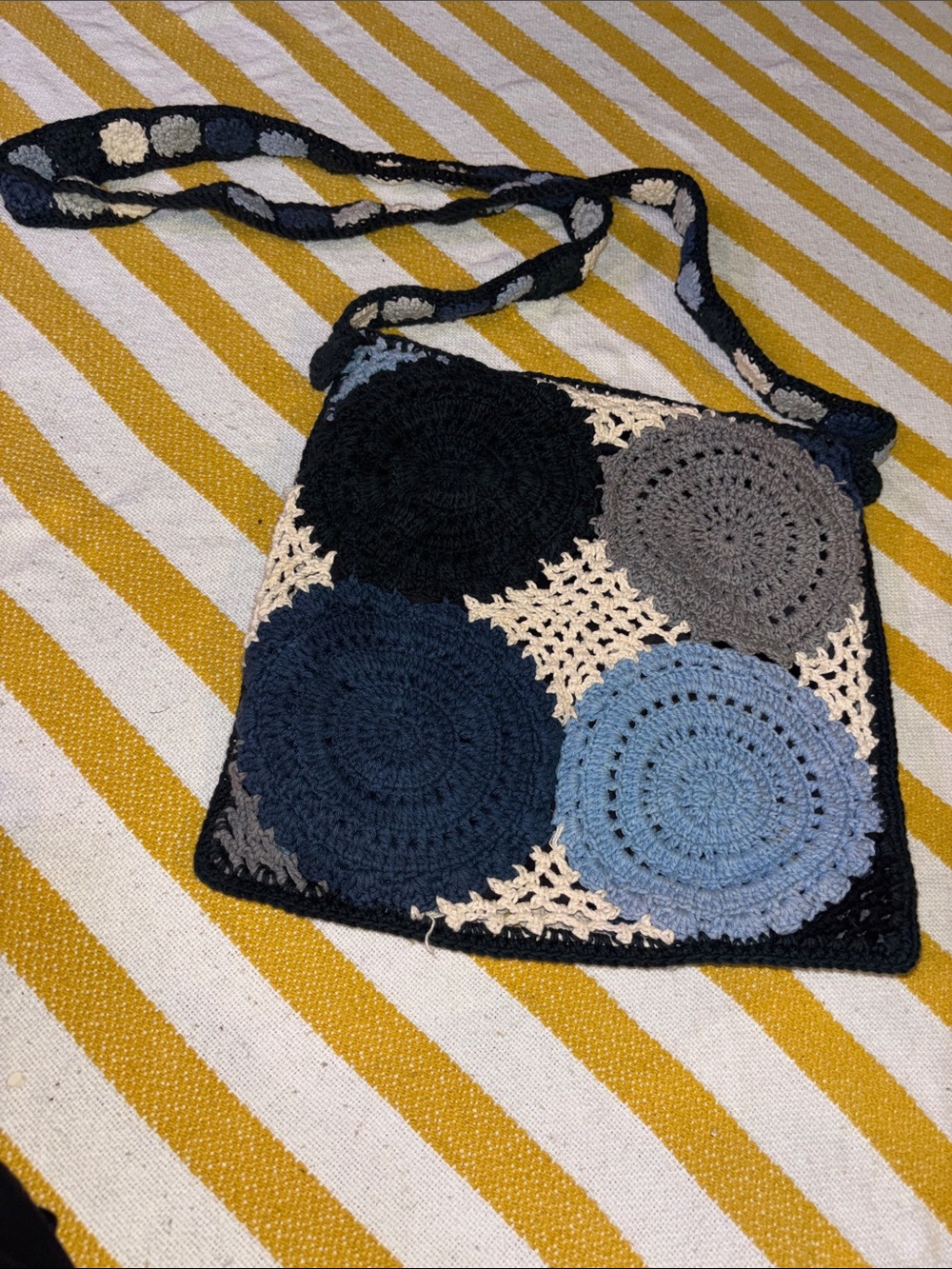 Crochet Circle Patch Crossbody Bag - Blue and Gray